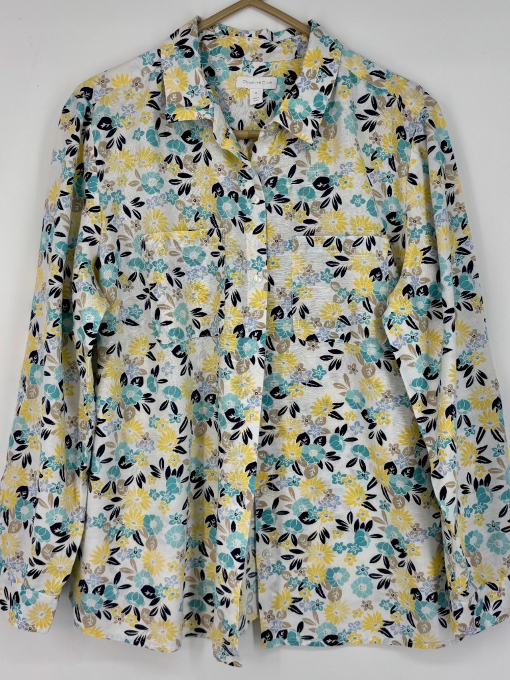 Charter Club Womens XL Button Shirt White Blue Beige Yellow Floral Linen Cotton